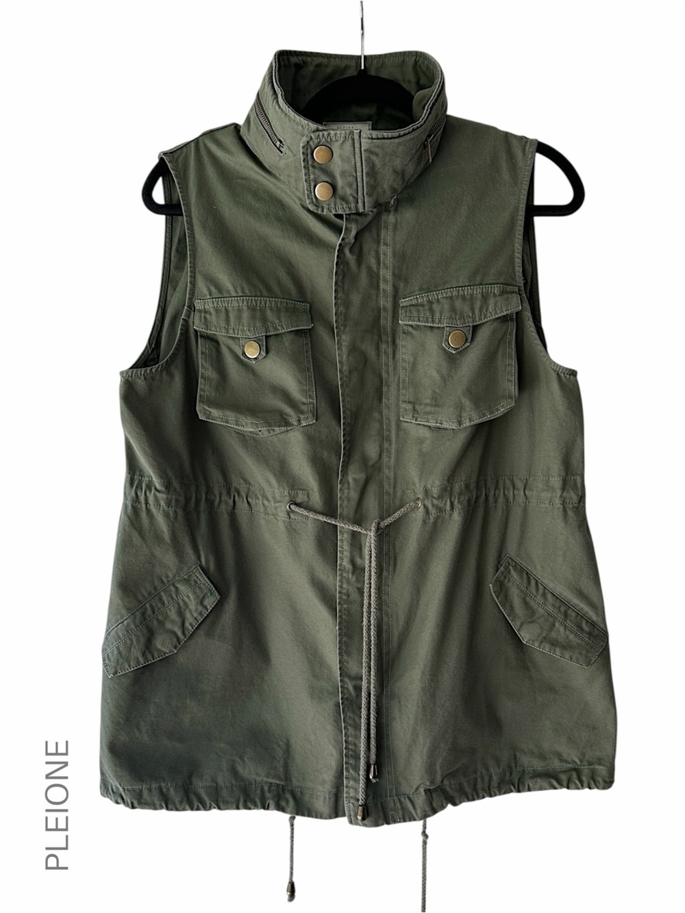 PLEIONE ARMY GREEN CANVAS UTILITY VEST ZIPPER SNAP FRONT DRAWSTRING MEDIUM